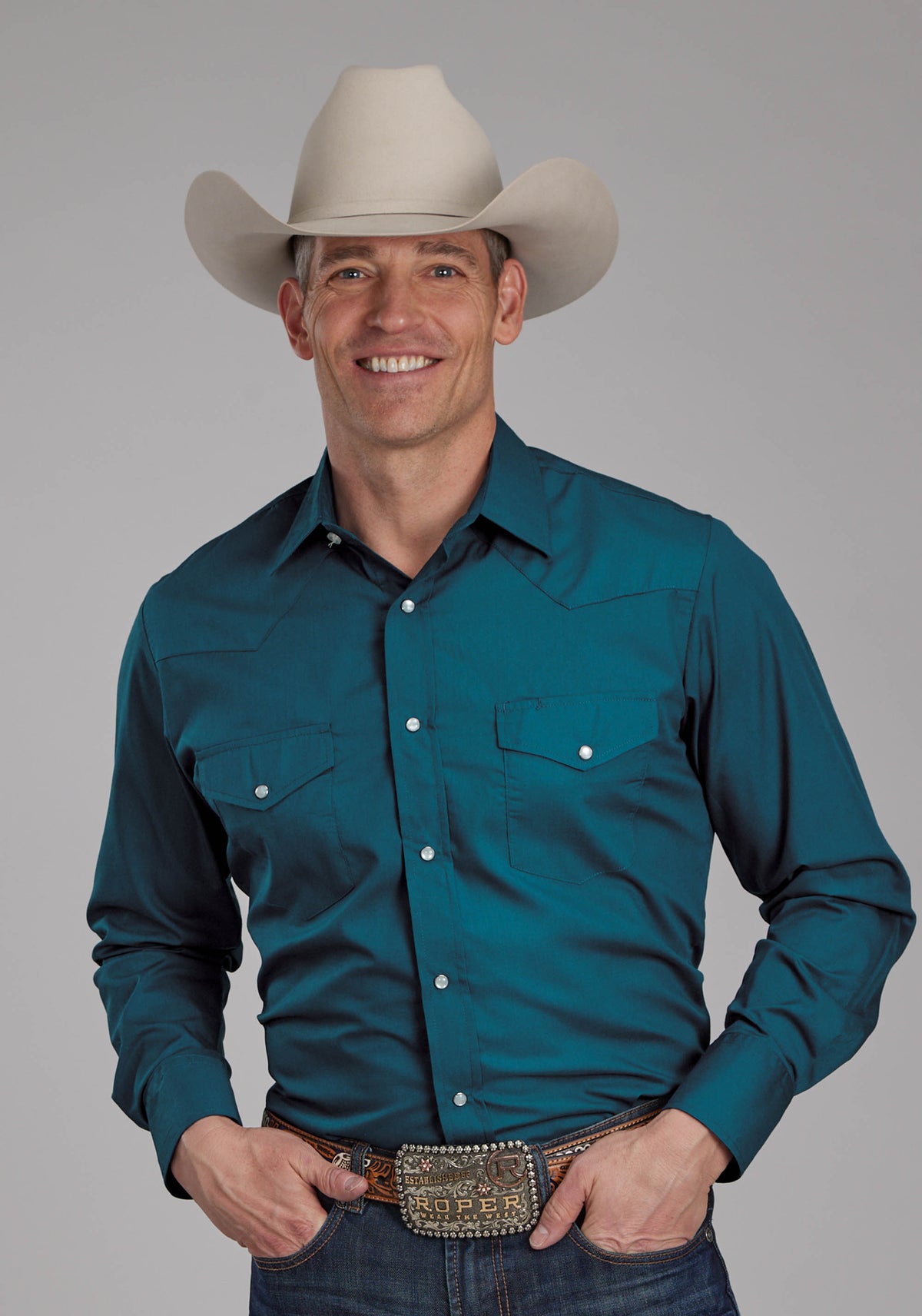 Men's Roper Solid Blue Steel Western Shirt — Way Out West Trading Co