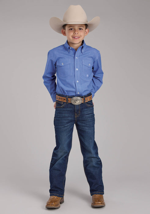 Boy's Roper Blue Stretch Minicheck Long Sleeve Shirt