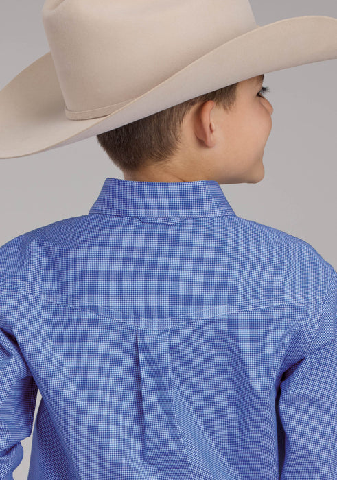 Boy's Roper Blue Stretch Minicheck Long Sleeve Shirt
