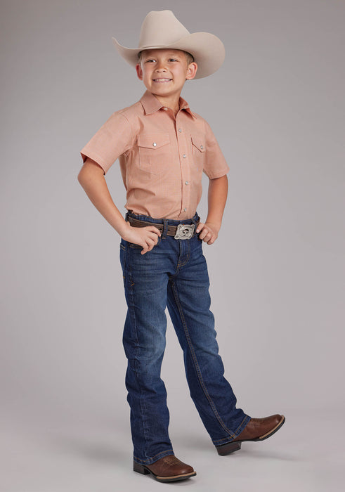 Boy's Roper Orange Stretch Minicheck Short Sleeve Shirt