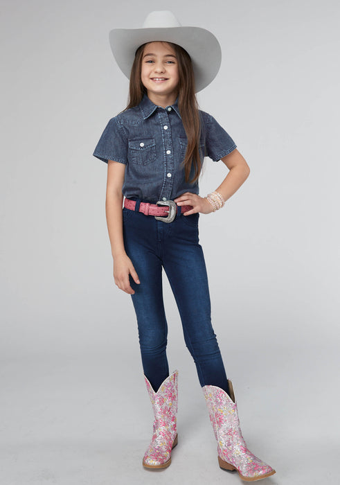 Girl's Roper Dark Blue Denim Short Sleeve Shirt