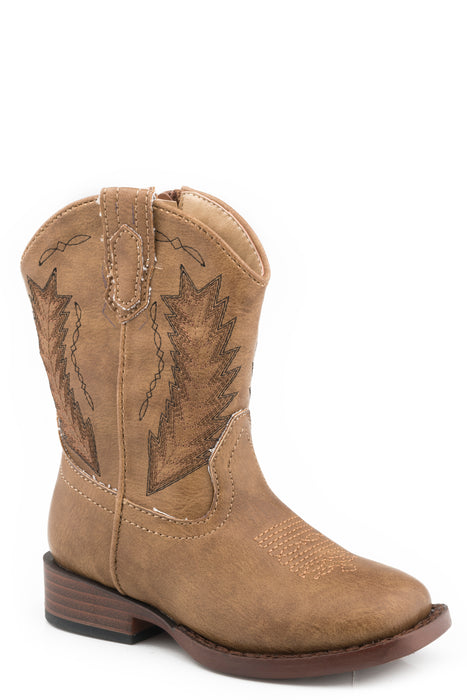 Girls Roper Tan Faux Leather Square Toe Toddler Boot w/ Western Feather Stitching