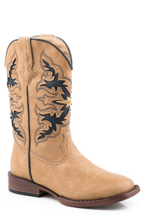 Boys Roper Tan Faux Leather Square Toe Boot w/ Western Underlay