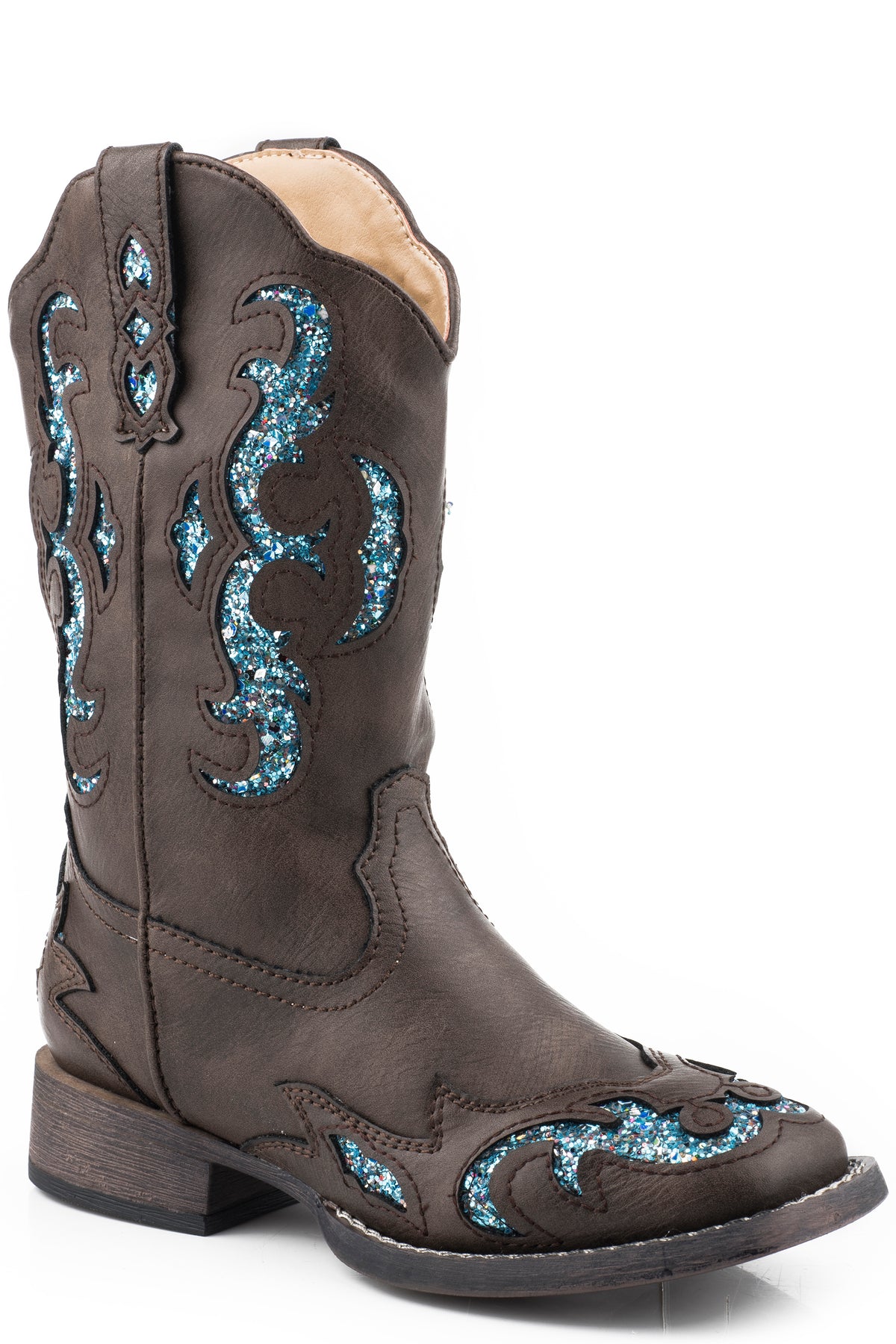 Girls Roper Tumbled Brown Square Toe Boot w/ Blue Glitter Underlay