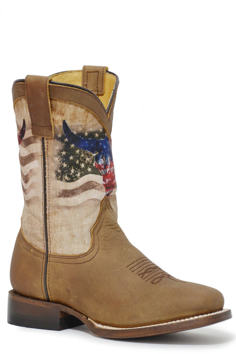 Boys Roper Oiled Tan Square Toe Boot w/ American Flag & Skull