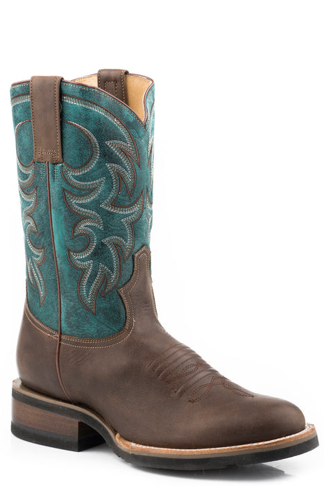 Men's Roper Burnished Brown Round Toe Boot w/ Turquoise Leather Shaft