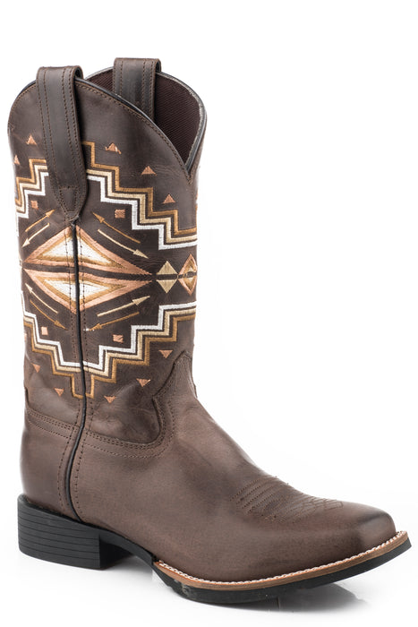 Women's Roper Burnished Brown Square Toe Boot w/ Multi Aztec Embroidery