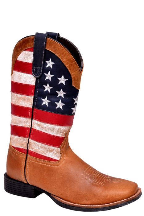 Women's Roper Light Brown Square Toe Boot w/ American Flag Shaft