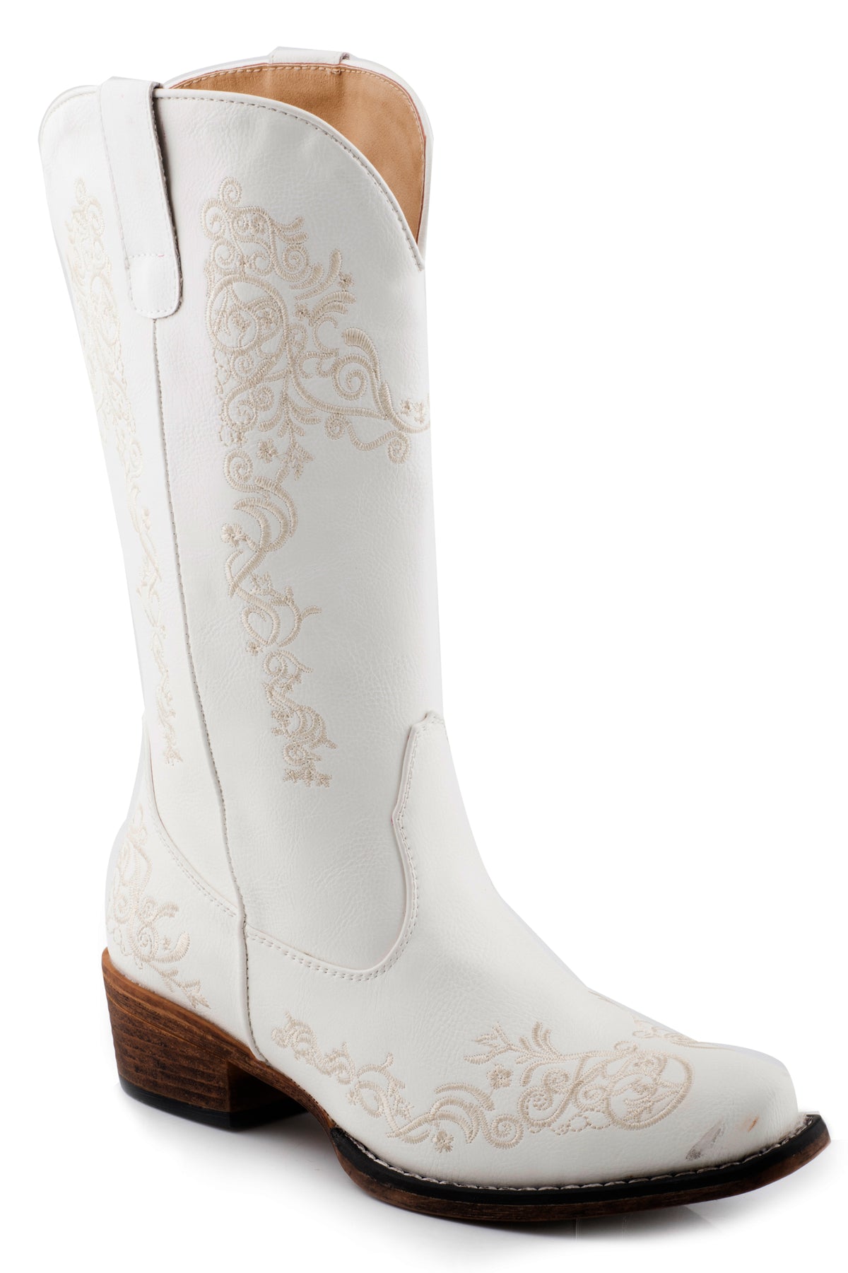 Women's Roper Smooth White Faux Leather Snip Toe Boot w/ All Over Embr ...