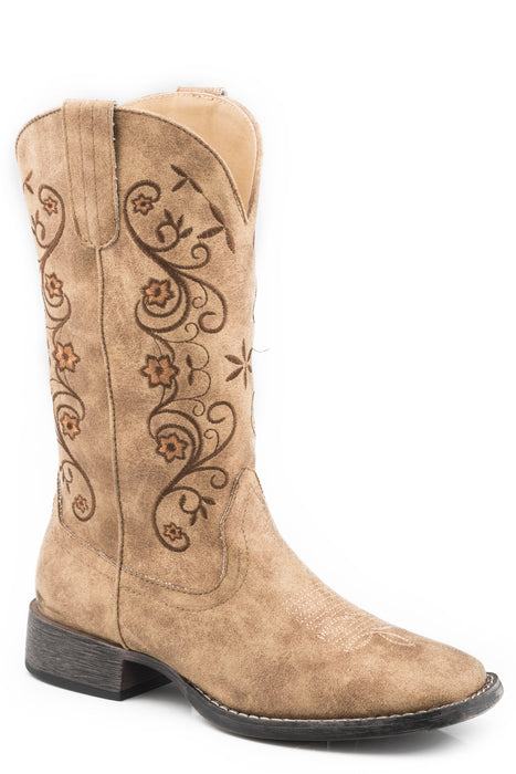 Women's Roper Vintage Tan Square Toe Boot w/ Floral Embroidery On Shaft