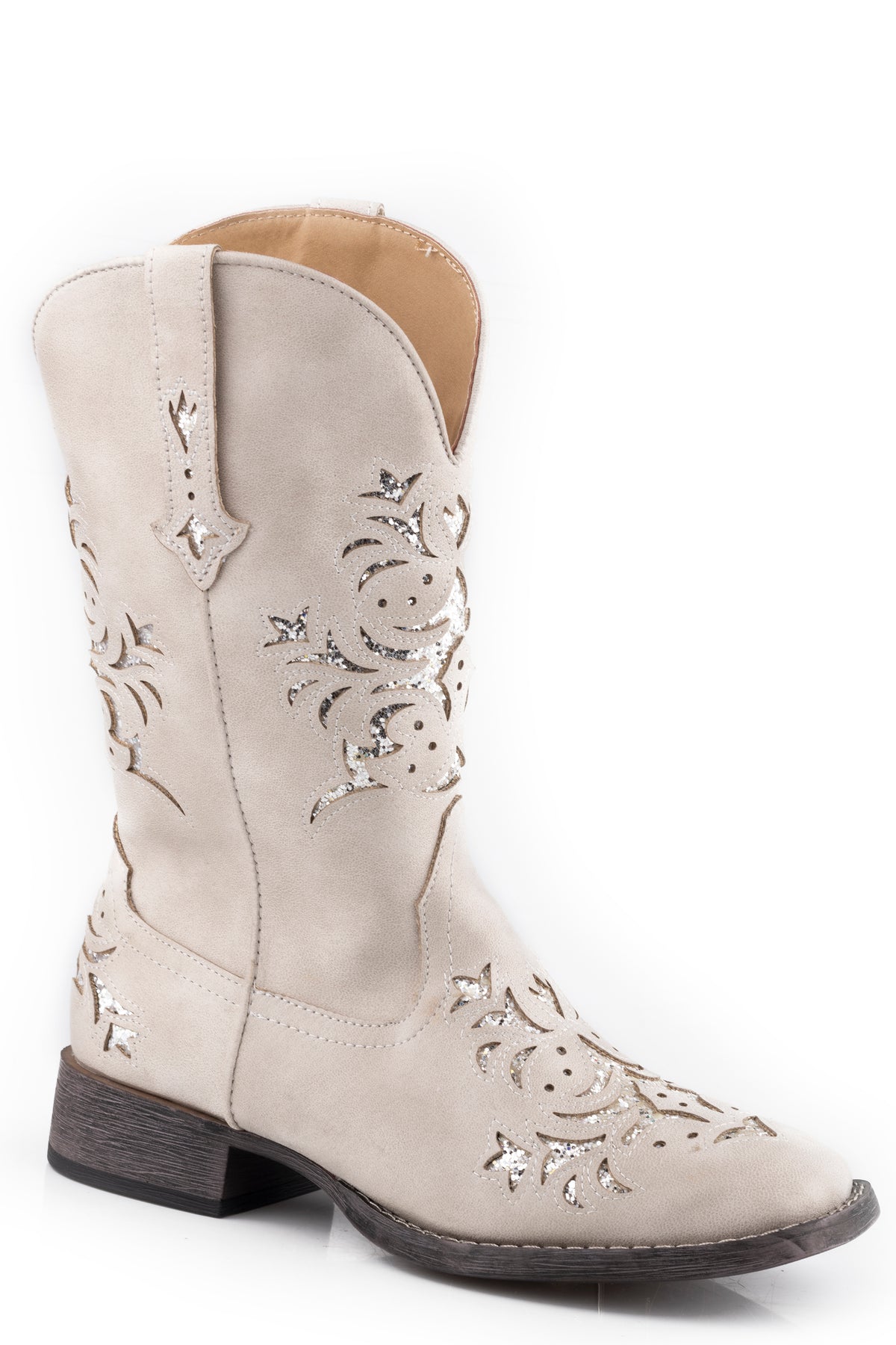 Roper Vintage White Faux Leather Square Toe Boot w/ Glitter Underlay
