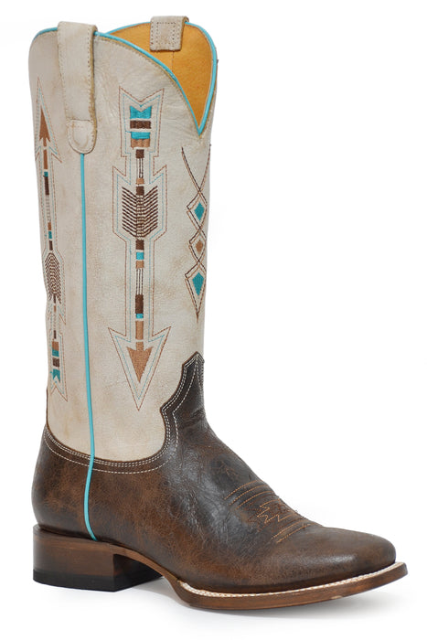 Women's Roper Dark Brown Square Toe Boot w/ Embroidered Arrows On White Shaft