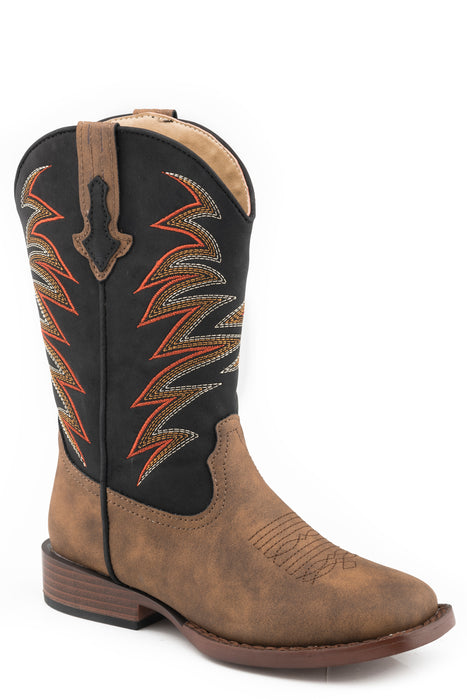 Boys Roper Tan Faux Leather Square Toe Boot w/ Jagged Western Stitching