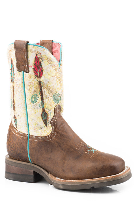 Girls Roper Dark Brown Square Toe Boot w/ Embroidered Arrows
