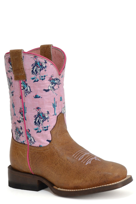 Girls Roper Waxy Tan Square Toe Boot w/ Bucking Horse & Cactus Design