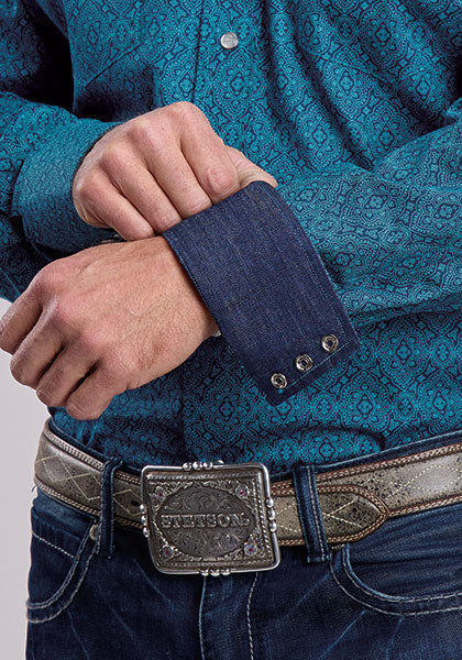 Mens Stetson Teal Medallion Western Shirt