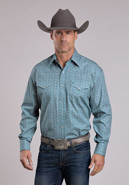 Mens Stetson Teal Tile Western Shirt