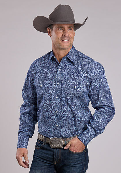 Mens Stetson Indigo Plume Paisley Western Shirt