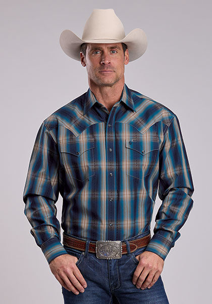 Mens Stetson Marine Plaid Western Shirt