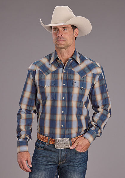 Mens Stetson Blue Ranch Plaid Western Shirt