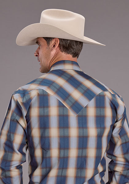 Mens Stetson Blue Ranch Plaid Western Shirt