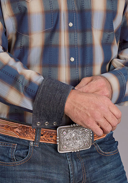 Mens Stetson Blue Ranch Plaid Western Shirt