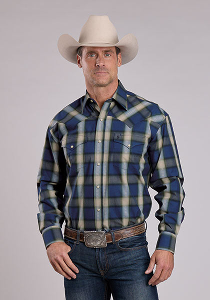 Mens Stetson Blue Sage Plaid Western Shirt
