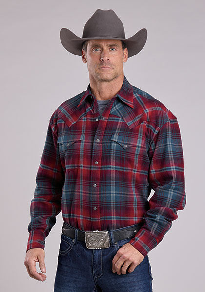 Mens Stetson Brushed Plaid Flannel Western Shirt