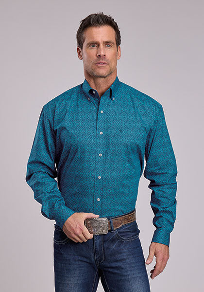 Mens Stetson Teal Medallion Western Shirt