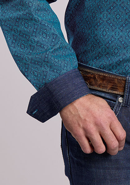 Mens Stetson Teal Medallion Western Shirt