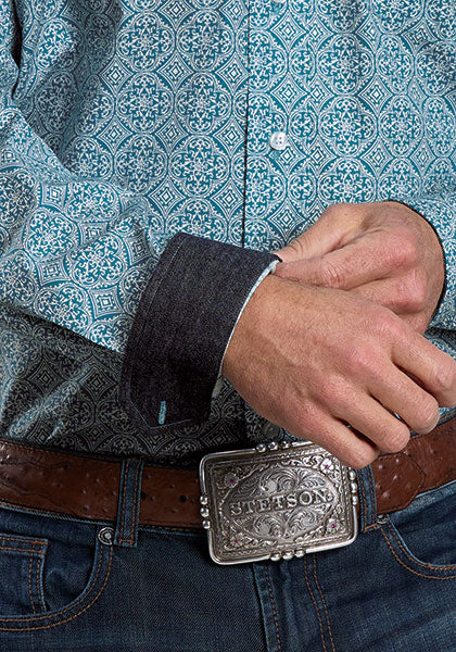Mens Stetson Teal Tile Western Shirt