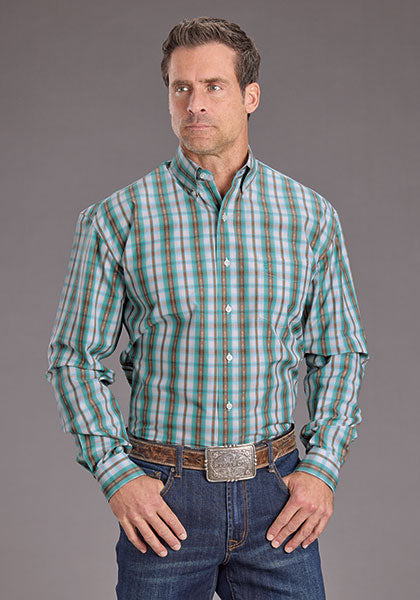 Mens Stetson Turquoise Plaid Western Shirt