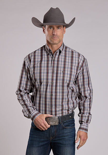 Mens Stetson Gray Dobby Plaid Western Shirt