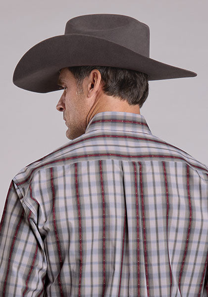 Mens Stetson Gray Dobby Plaid Western Shirt