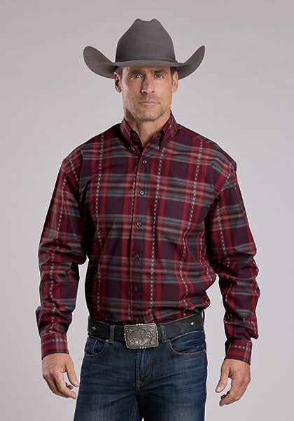 Mens Stetson Burgundy Plaid Western Shirt