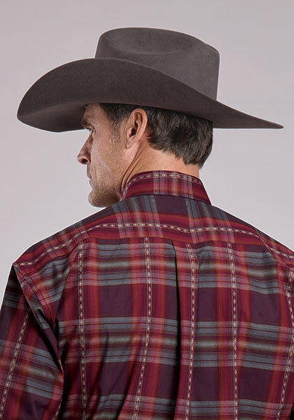 Mens Stetson Burgundy Plaid Western Shirt