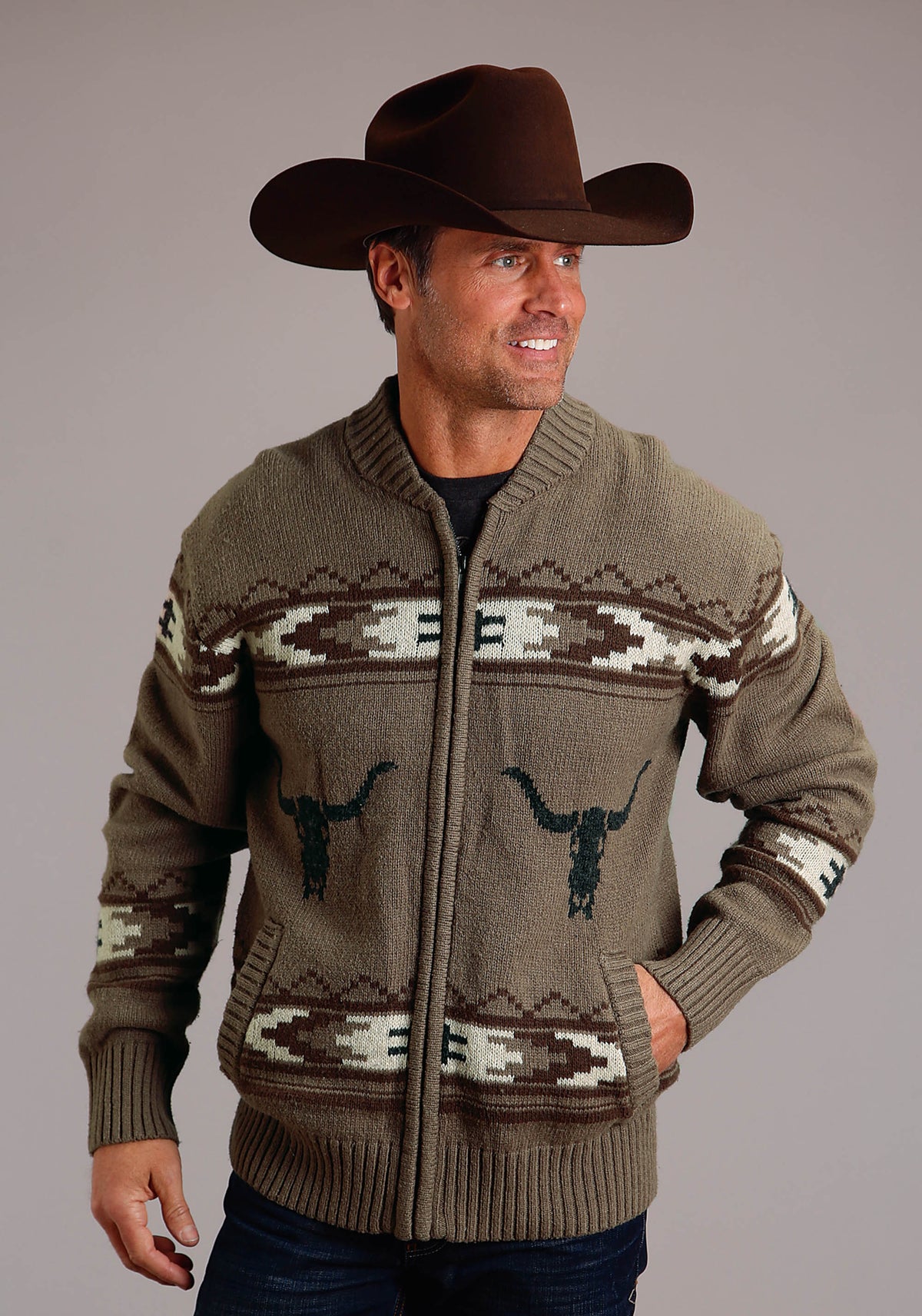 Men's Stetson Brown Vintage Longhorn Wool Blend Sweater — Way Out