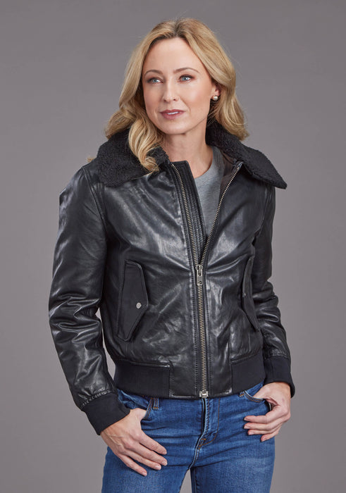 Women's Stetson Black Leather Bomber Jacket - Main Image