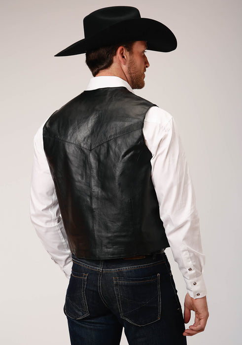 Men's Roper Black Lamb Leather Western Vest w. Snap Front