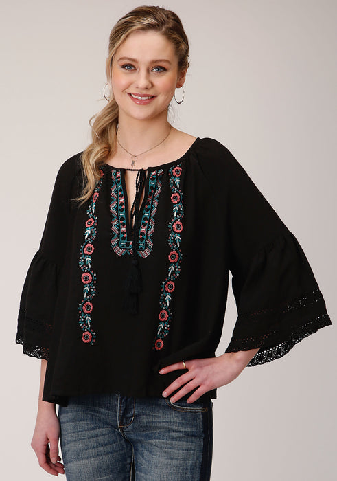 Roper Black Cotton Blend Long Sleeve Blouse