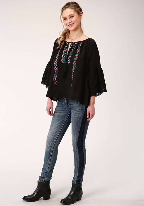 Roper Black Cotton Blend Long Sleeve Blouse