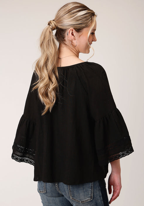 Roper Black Cotton Blend Long Sleeve Blouse