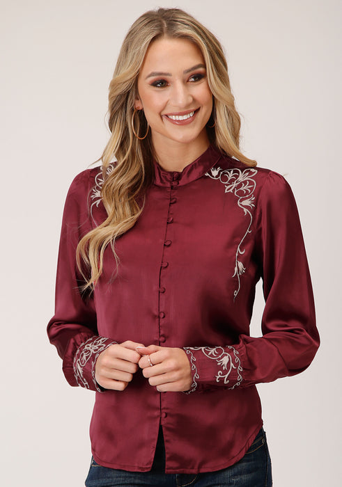 Roper Wine Poly Satin Long Sleeve Blouse