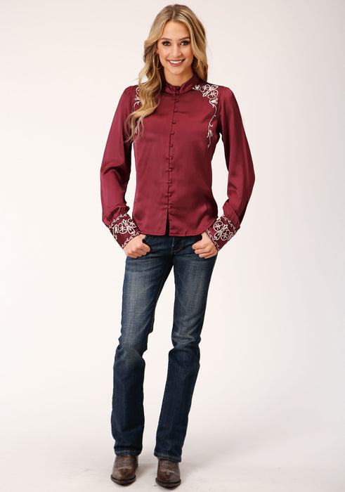 Roper Wine Poly Satin Long Sleeve Blouse