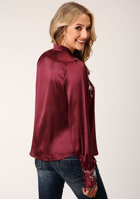 Roper Wine Poly Satin Long Sleeve Blouse