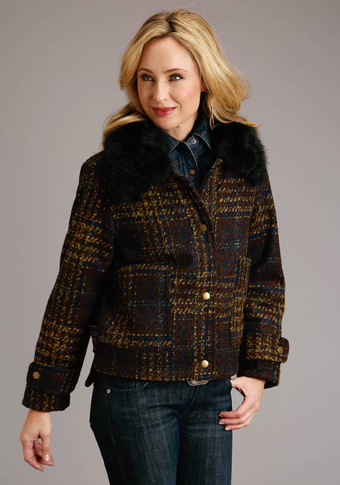 Women's Stetson Boucle Plaid Oversized Western Coat w/ Detachable Fur Collar