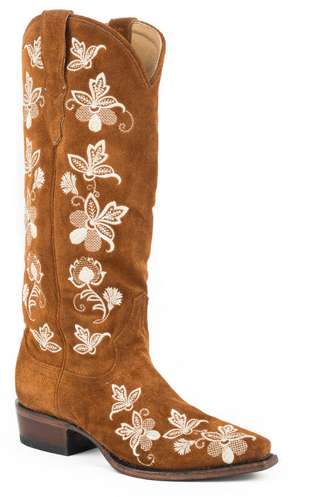 Women's Stetson Brown Suede Western Snip Toe Boot w/ Unique Floral Embroidery