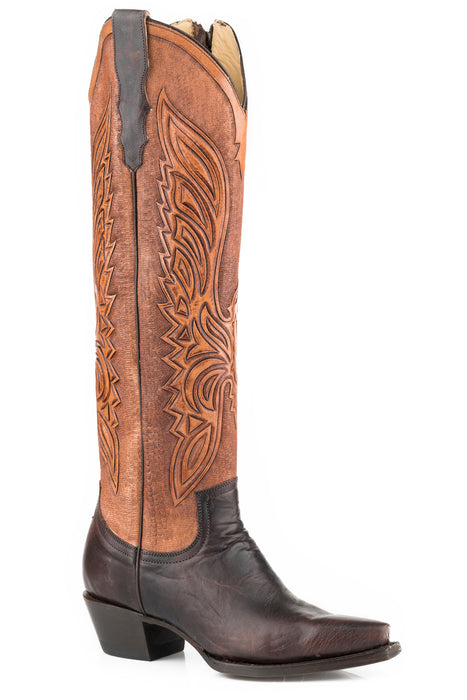 Women's Stetson Dark Brown Western Snip Toe Boot w/ Handtooled Shaft